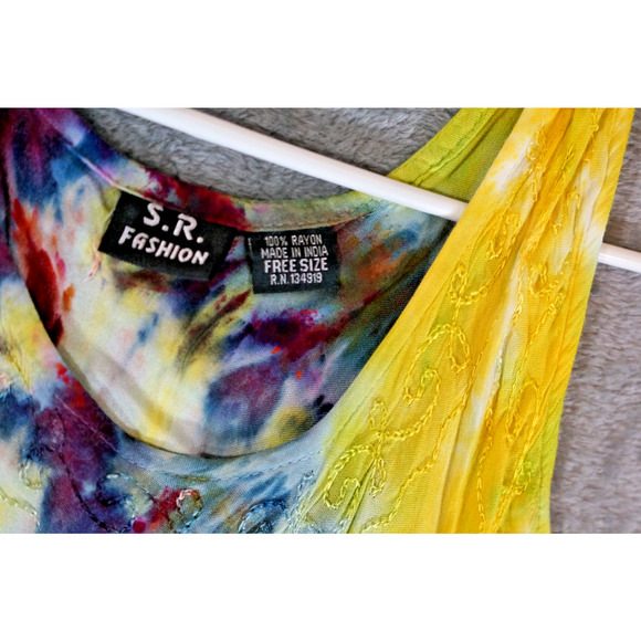 S.R. Fashion Free Size Rayon Sundress Embroidered Tie-Dye Rainbow Swirl Boho Ind - Picture 4 of 13